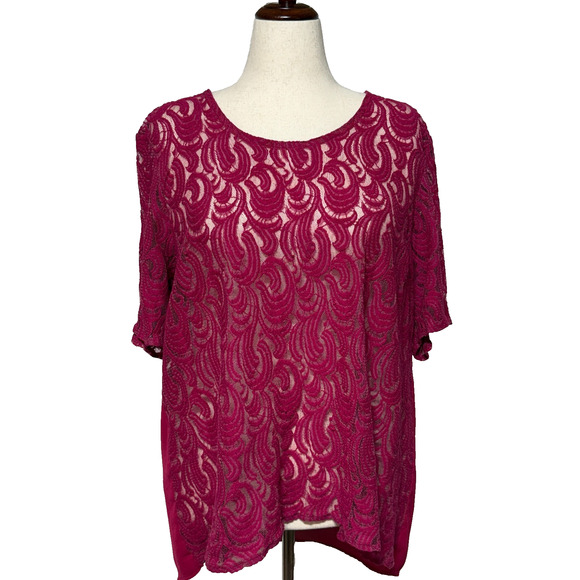 Catherines Top Womens 2X-22-24W Fuchsia Pink Lace Overlay Semi Sheer Career - Picture 1 of 8